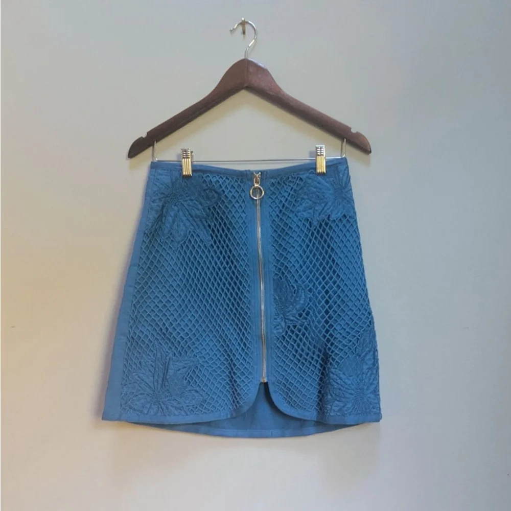 The Korner Anthropologie Blue Crochet Overlay Front Zipper Mini Skirt - Small